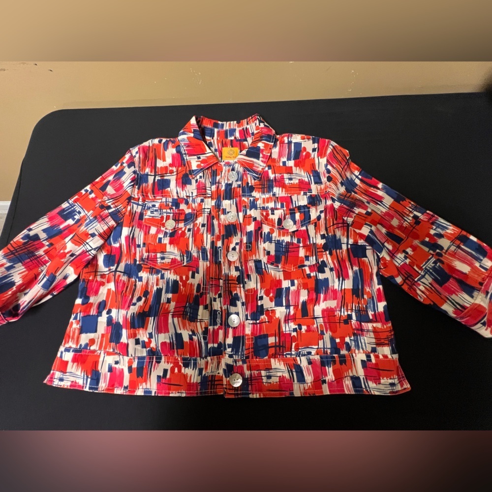 RUBY RD WOMEN’S SIZE 16 RED/BLUE/WHITE ABSTRACT LINED JACKET.   GREAT CONDITION